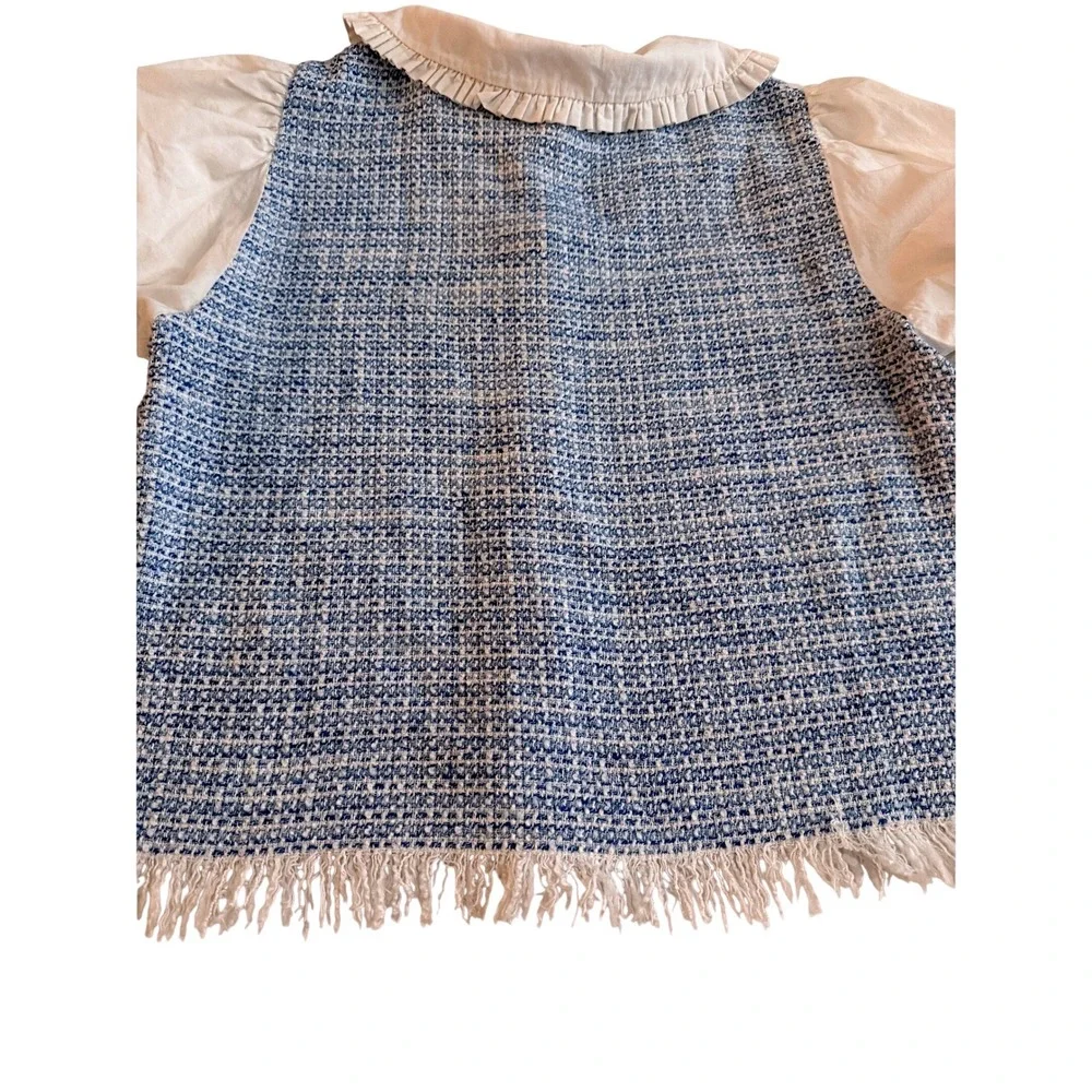 Zara Tweed Top Womens M Blue White Peter Pan Collar Puff Sleeve Fringe Preppy